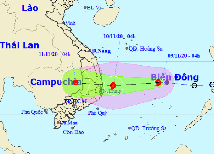Vị trí và dự báo hướng di chuyển của cơn bão số 12