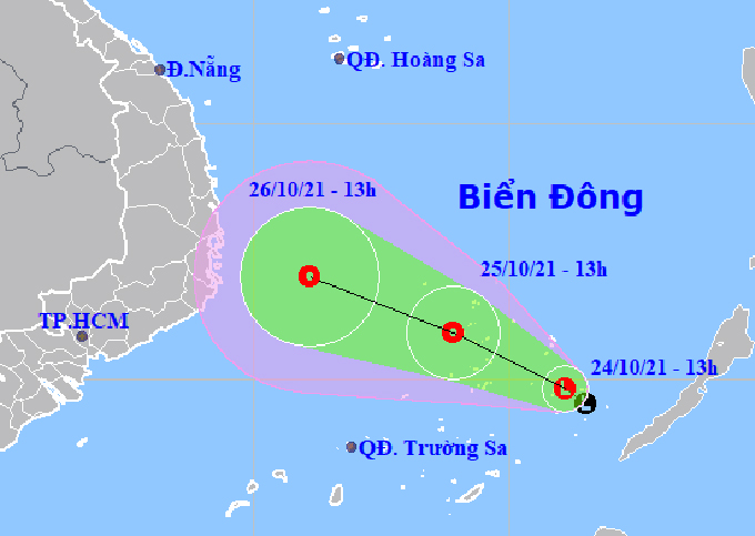 Vị trí và dự báo hướng di chuyển của vùng áp thấp trên biển Đông