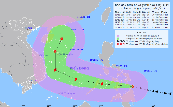 Vị trí và dự báo hướng di chuyển của siêu bão RAI