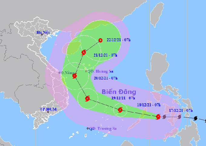 Vị trí và dự báo hướng di chuyển của bão RAI