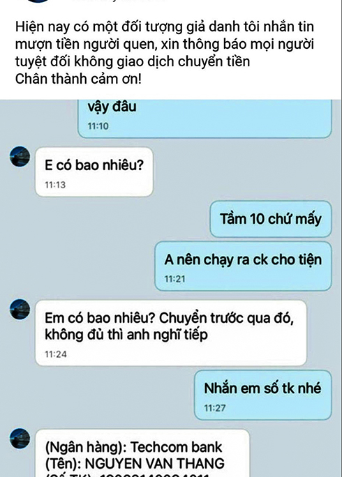 Một trường hợp đăng thông báo về việc kẻ xấu mạo danh mình để lừa tiền. 