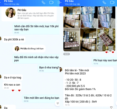 “Pé Gấu” tiếp thị việc đổi tiền lẻ, tiền mới cùng với % phí kèm theo tùy mệnh giá.