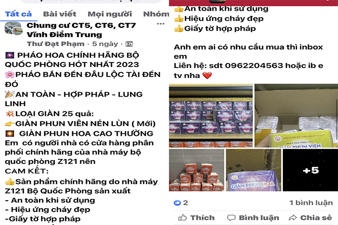 Pháo hoa được rao bán trên mạng xã hội.