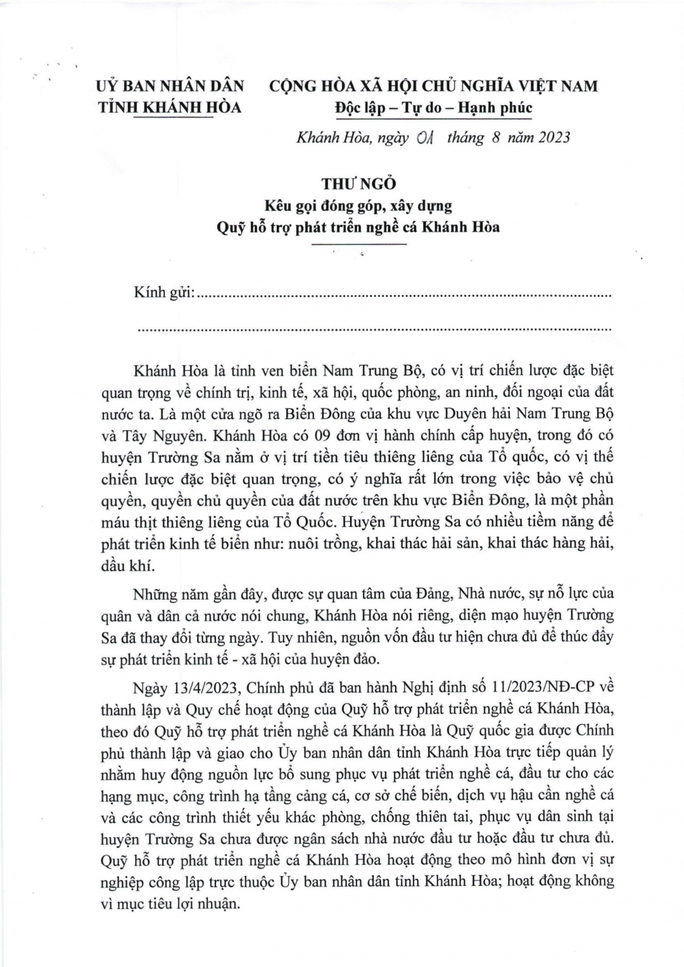 Kêu gọi ủng hộ Quỹ hỗ trợ phát triển Nghề cá Khánh Hòa - Ảnh 1.