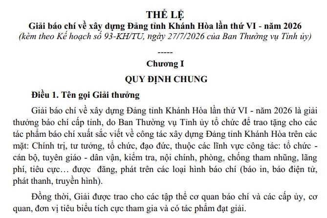 Thể lệ Giải báo chí về xây dựng Đảng tỉnh Khánh Hòa lần thứ VI - năm 2026